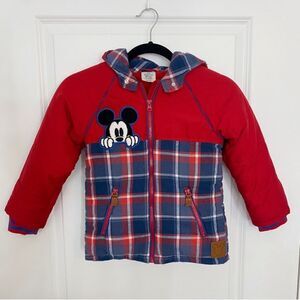 Disney Mickey Mouse Flannel Fleece Parka Hooded Jacket Red Blue 5/6